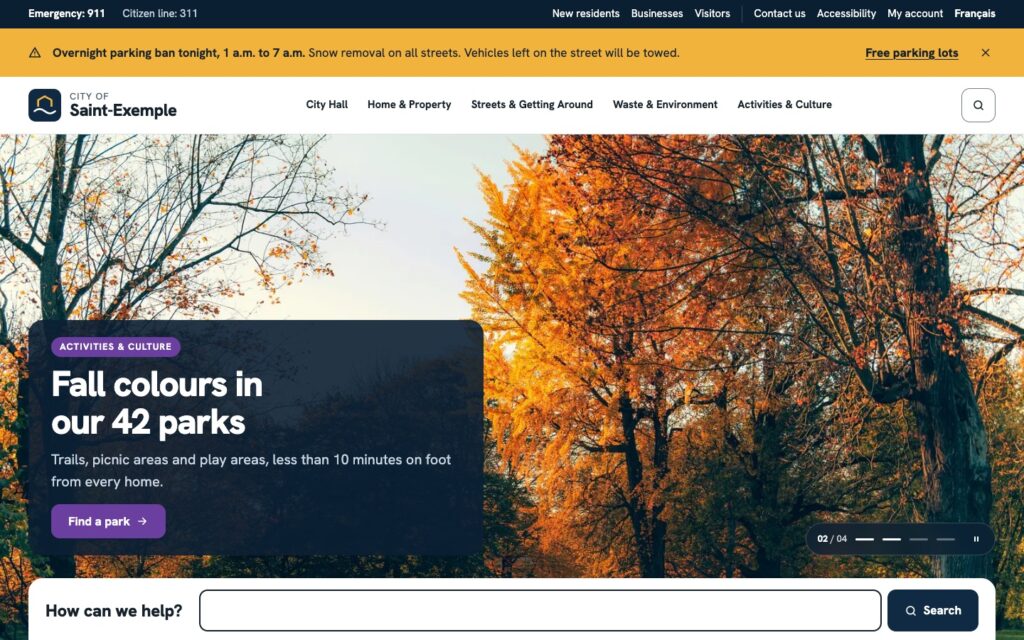 Home page of the Saint-Exemple demo city website, with an emergency notice bar, topic menu and search