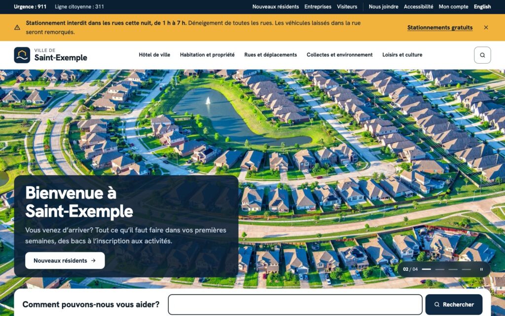 Page d'accueil du site démo de la Ville de Saint-Exemple, avec la barre d'avis, le menu par thèmes et la recherche